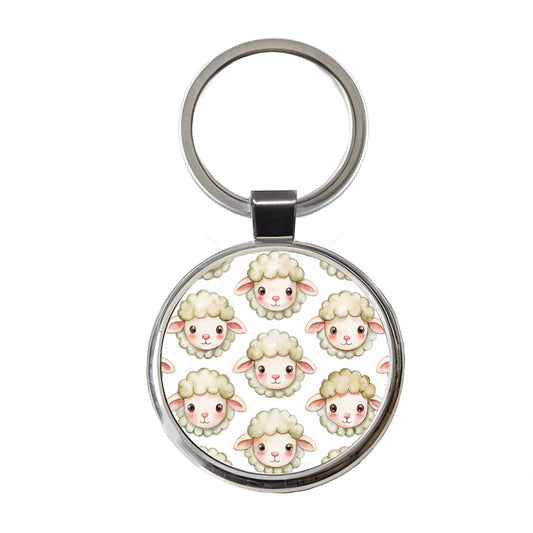 Cute Sheep Faces Watercolor Round Metal Keychain