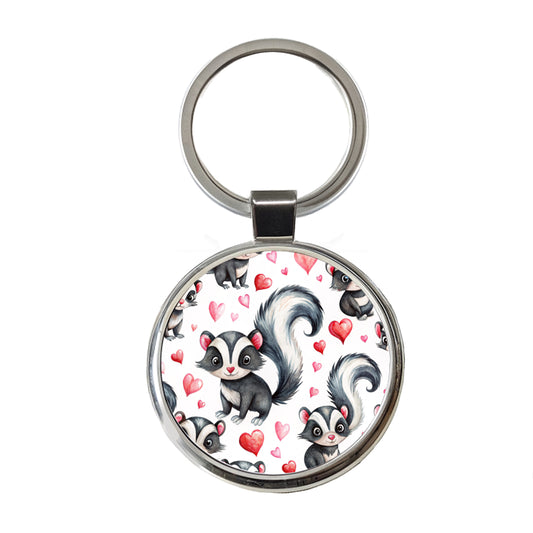 Cute Skunks Hearts Watercolor Round Metal Keychain