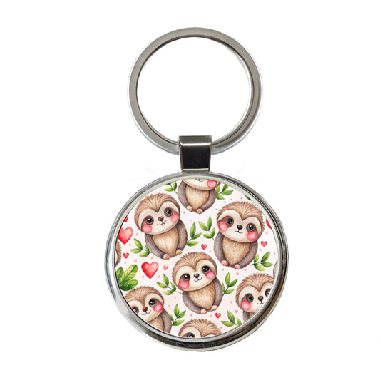 Cute Sloths Hearts Watercolor Round Metal Keychain