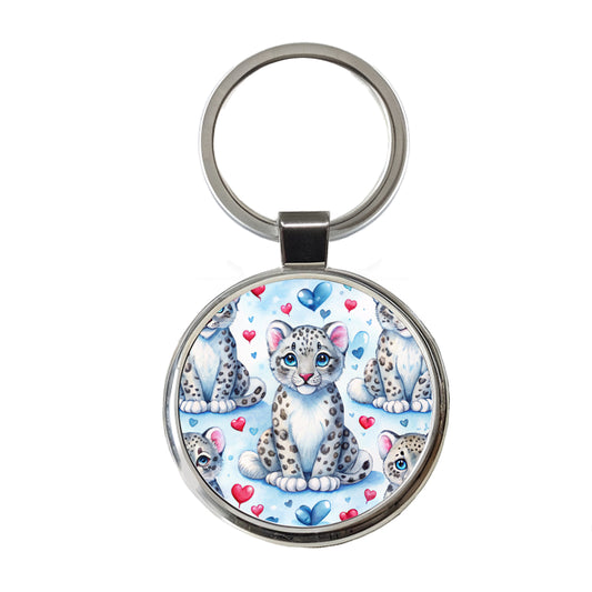 Cute Snow Leopard Hearts Watercolor Round Metal Keychain