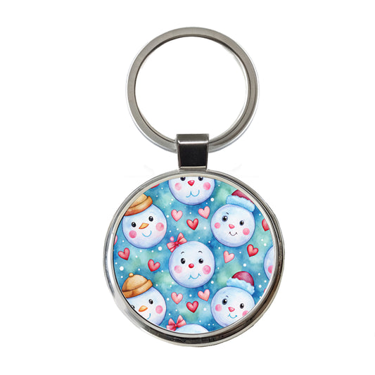 Cute Snowman Faces Hearts Winter Round Metal Keychain