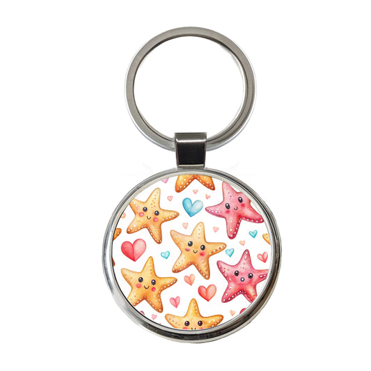 Cute Starfish Hearts Watercolor Round Metal Keychain