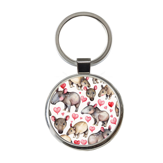 Cute Tapirs Hearts Watercolor Round Metal Keychain