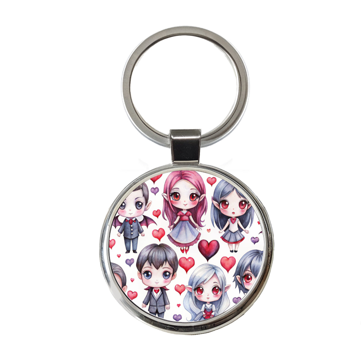 Cute Vampires Hearts Watercolor Round Metal Keychain
