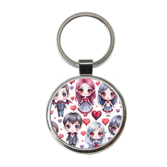 Cute Vampires Hearts Watercolor Round Metal Keychain