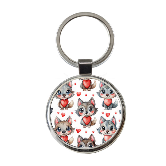 Cute Werewolves Hearts Watercolor Round Metal Keychain