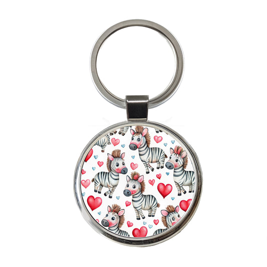 Cute Zebras Hearts Watercolor Round Metal Keychain