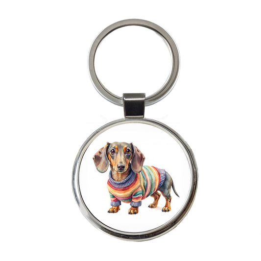 Dachshund Dog Wearing A Sweater Watercolor Round Metal Keychain
