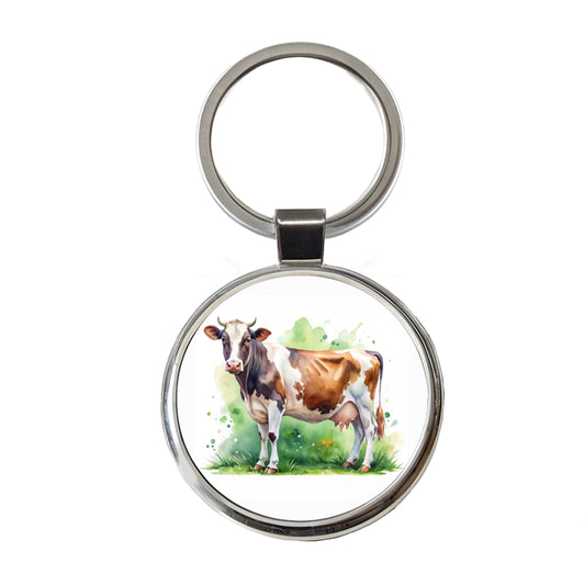 Dairy Cow Watercolor Round Metal Keychain