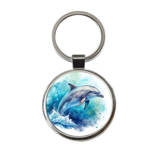 Dolphin In Ocean Watercolor Round Metal Keychain