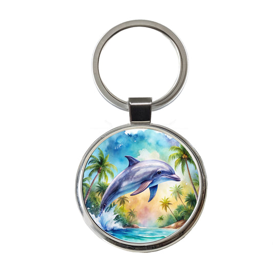 Dolphin Tropical Watercolor Design Round Metal Keychain