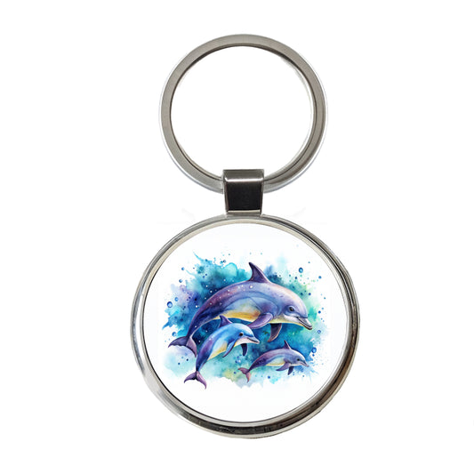 Dolphins Family Watercolor Design Round Metal Keychain
