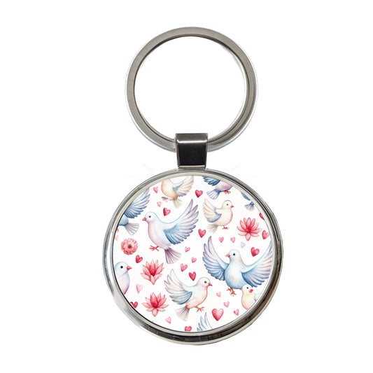 Doves Hearts Watercolor Round Metal Keychain