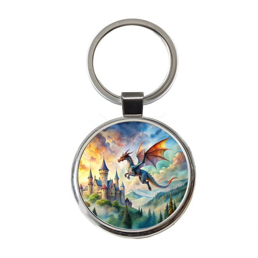 Dragon Flying Over Castle Watercolor Fantasy Round Metal Keychain
