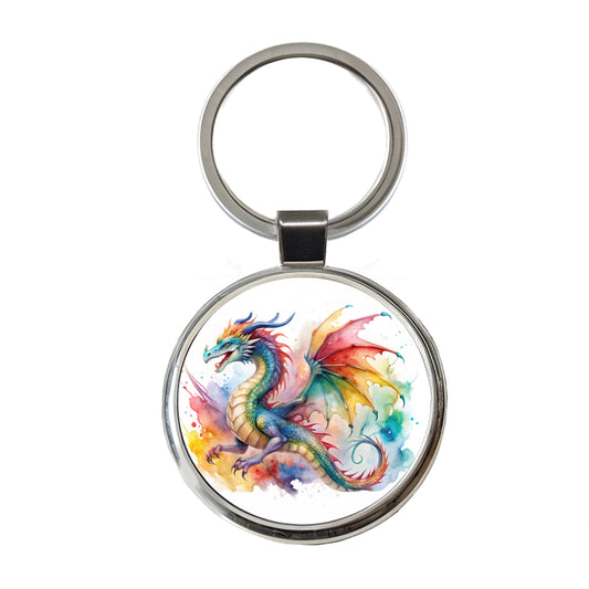 Dragon Watercolor Design Round Metal Keychain