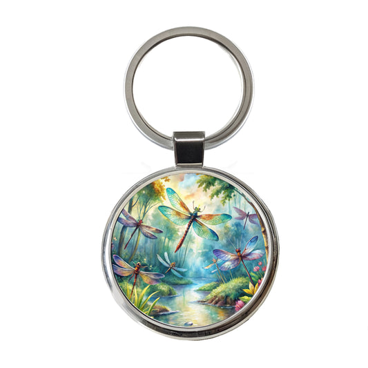 Dragonflies Forest Fantasy Watercolor Design Round Metal Keychain
