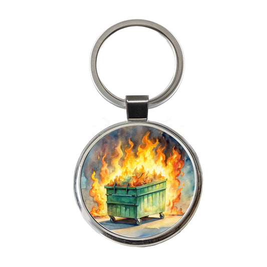 Dumpster Fire Watercolor Trash Round Metal Keychain