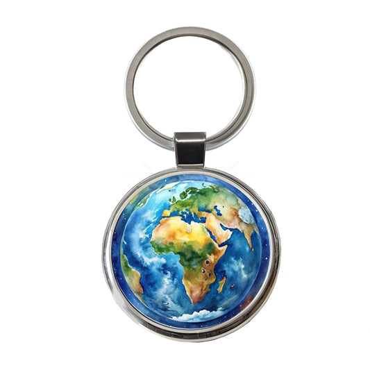 Earth Africa Asia Europe From Space Watercolor Round Metal Keychain