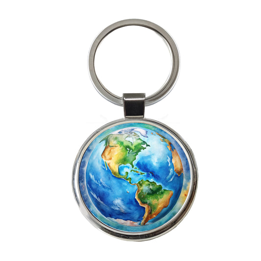 Earth North South America From Space Watercolor Round Metal Keychain