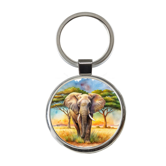 Elephant African Plain Watercolor Design Round Metal Keychain