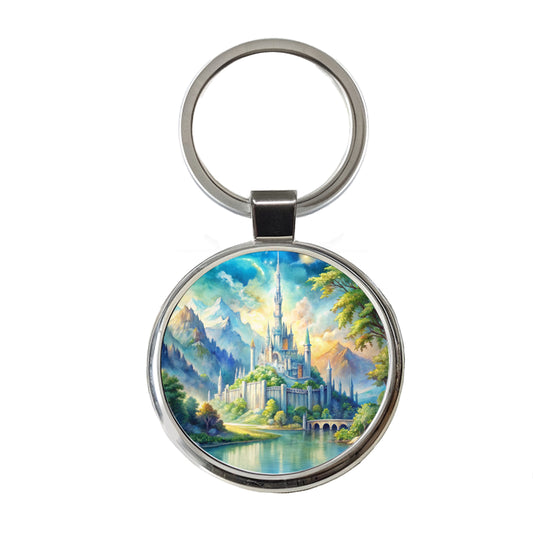 Elves Fantasy Kingdom Watercolor Design Round Metal Keychain
