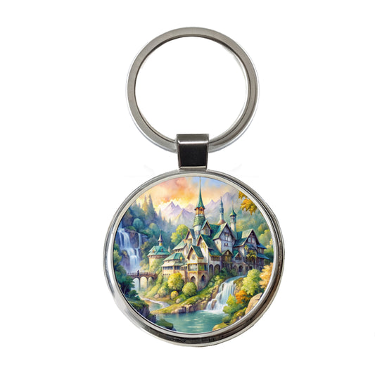 Elvish Elven Castle Fantasy Beautiful Watercolor Round Metal Keychain