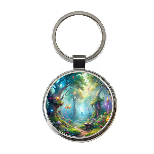Fairy Forest Fantasy Watercolor Beautiful Round Metal Keychain