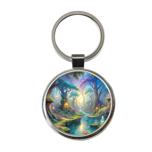 Fairy Forest Trees Fantasy Watercolor Design Round Metal Keychain