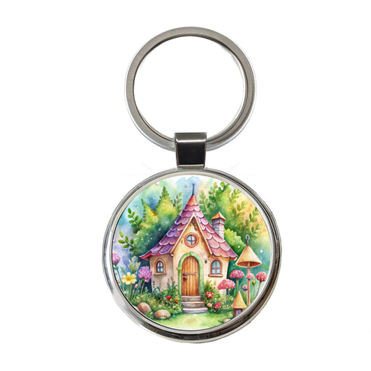 Fairy House Watercolor Adorable Round Metal Keychain