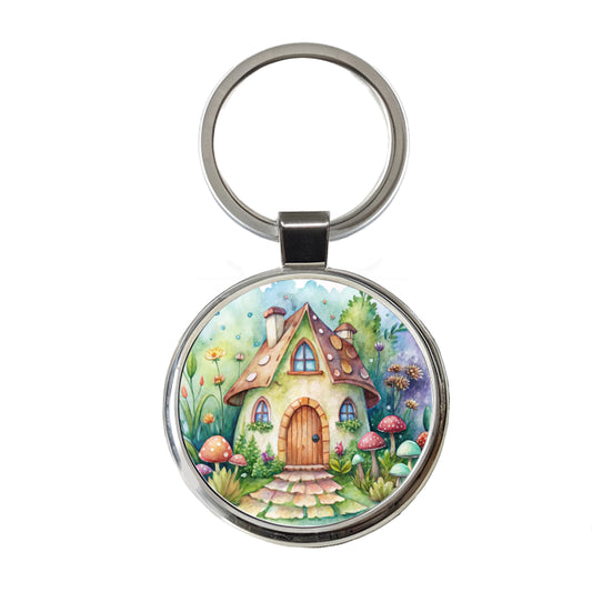 Fairy House Watercolor Round Metal Keychain