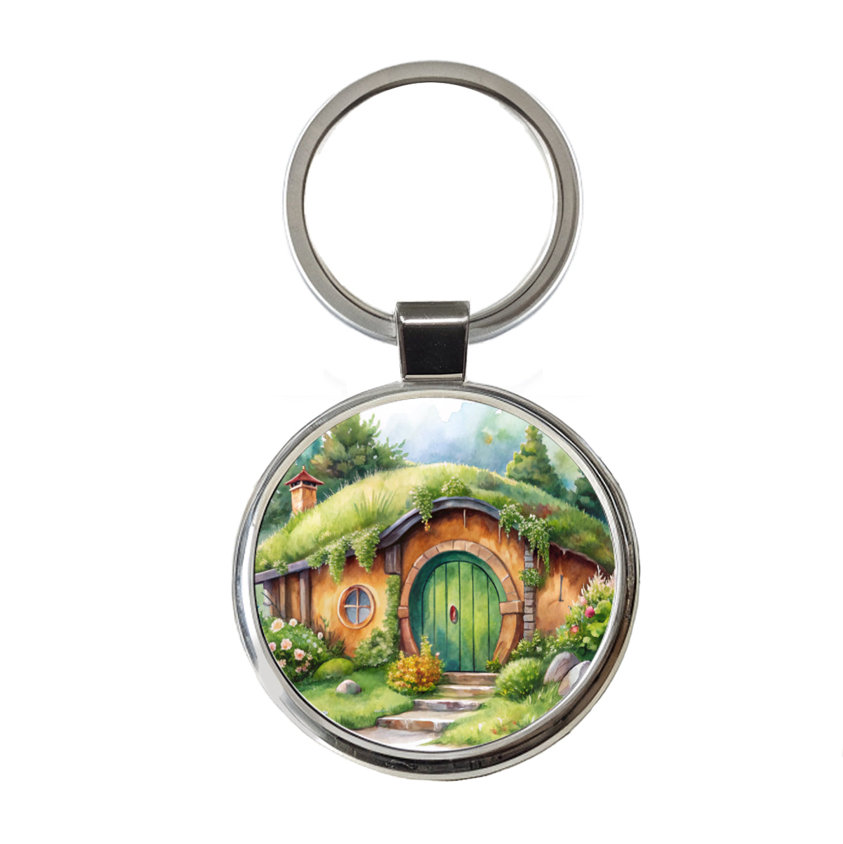 Fantasy House Grass Roof Watercolor Design Round Metal Keychain