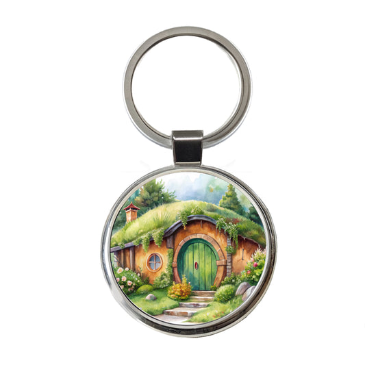 Fantasy House Grass Roof Watercolor Design Round Metal Keychain