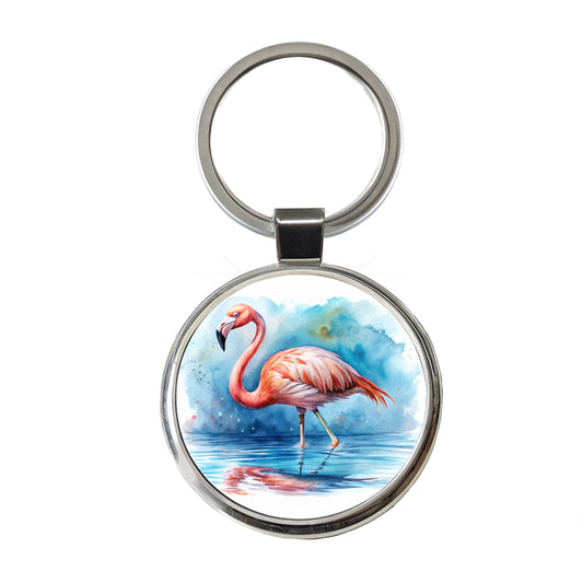 Flamingo Bird In Water Watercolor Round Metal Keychain