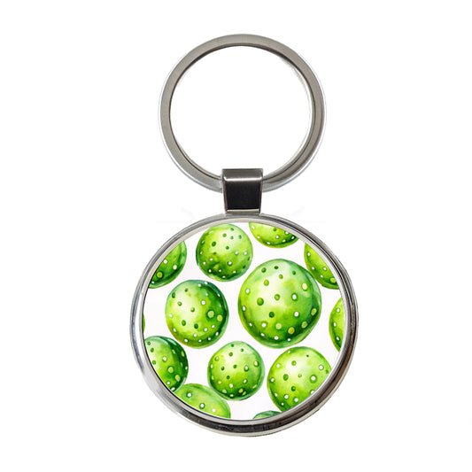 Fluorescent Green Pickleballs Round Metal Keychain