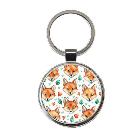Fox Faces Hearts Watercolor Round Metal Keychain