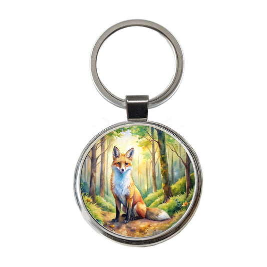 Fox Sitting In Forest Watercolor Round Metal Keychain