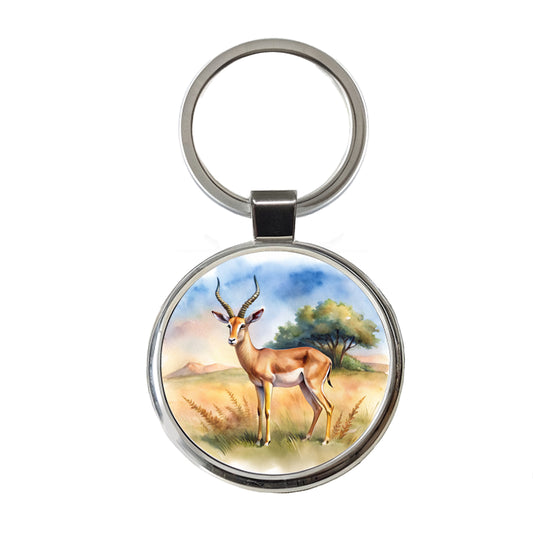 Gazelle African Plain Watercolor Design Round Metal Keychain