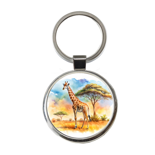Giraffe African Plain Watercolor Design Round Metal Keychain
