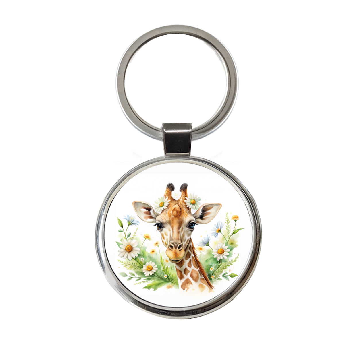 Giraffe Watercolor Design With Daisies Round Metal Keychain