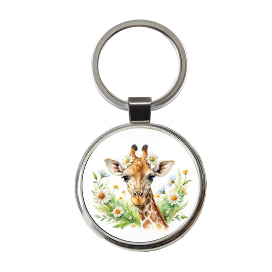 Giraffe Watercolor Design With Daisies Round Metal Keychain