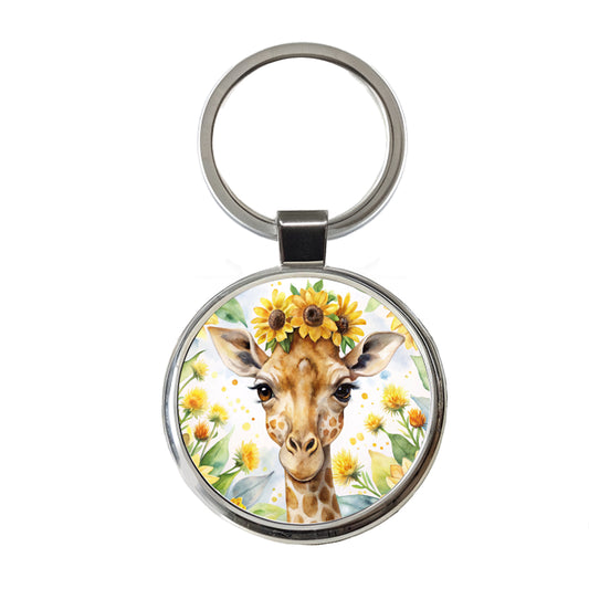 Giraffe Watercolor Design With Sunflowers Round Metal Keychain