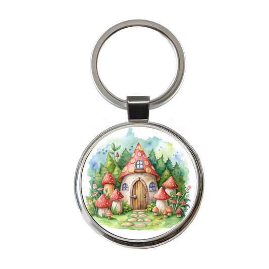 Gnome House Red Roof Watercolor Cute Round Metal Keychain