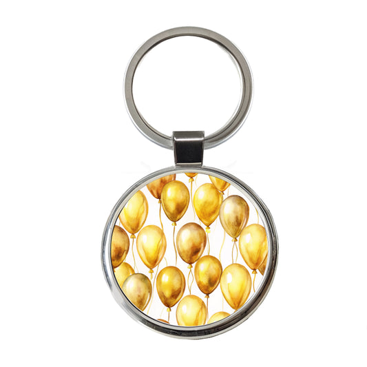 Gold Balloons Watercolor Birthday Anniversary Round Metal Keychain
