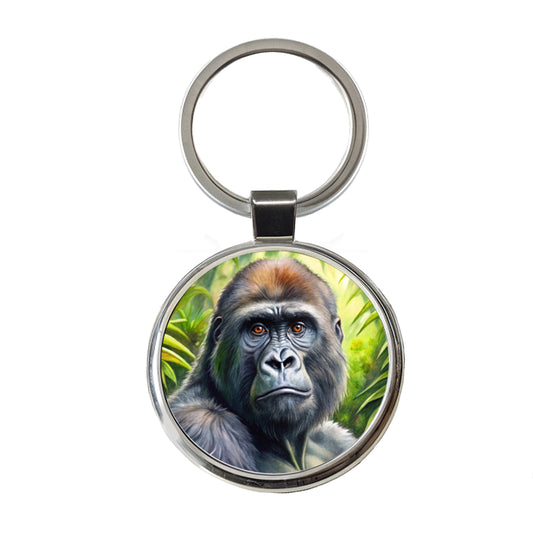 Gorilla In Rainforest Watercolor Round Metal Keychain