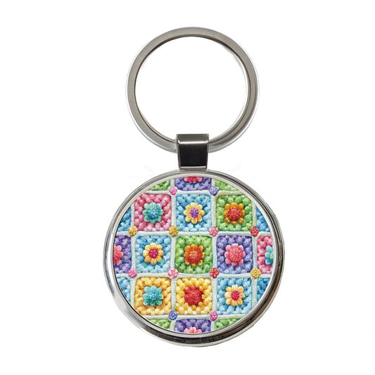 Granny Square Crochet Crocheting Pattern Watercolor Round Metal Keychain