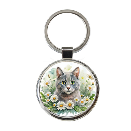 Gray Cat Watercolor Design With Daisies Round Metal Keychain