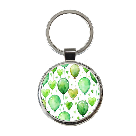Green Balloons Hearts Watercolor Birthday Round Metal Keychain