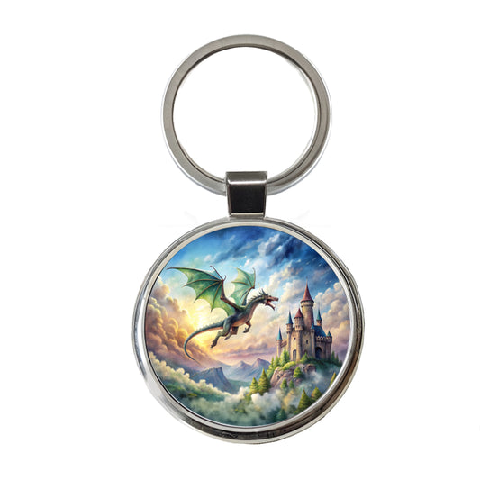 Green Dragon Flying Over Castle Watercolor Fantasy Round Metal Keychain