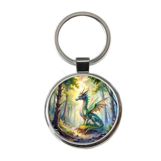 Green Dragon In Forest Watercolor Fantasy Round Metal Keychain