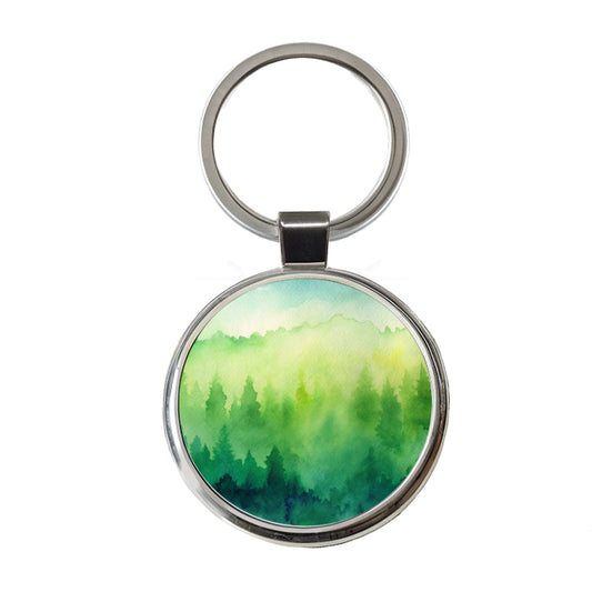 Green Forest Ombre Watercolor Round Metal Keychain